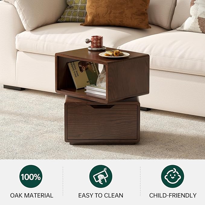 360° Rotatable Solid Oak Nightstand, Mid Century Modern Nightstand with Drawer, Small Swivel Side Table for Small Spaces, Wooden Bedside Tables for Bedroom, Living Room(Walnut,18.43" H)