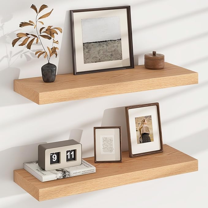 Floating Shelves for Wall, USA-Sourced Oak Wood 24 Inch Wall Shelves Set of 2, Natural Wooden Wall Mounted Picture Ledge Shelf, Nursery Book Storage Shelf Kids Bookshelf, Display Shelf for Bathroom