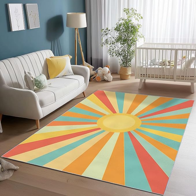 4x5 Washable Area Rug, Colorful Retro Sunburst Stripes Design Non Slip Non-Shedding Rug Easy Care for Living Room Bedroom Kitchen Office Carpet