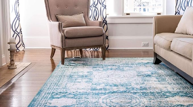Unique Loom Bromley Collection Area Rug - Wells (6' 1" x 9' Rectangle, Turquoise/ Ivory)