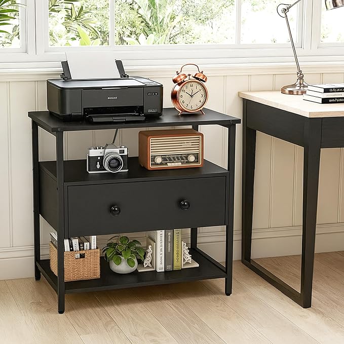 27 Inch Wide Night Stand with Charging Station, Wood Nightstand with Open Shelf, Large Drawer Bedside Table for Living Room/Bedroom/Office (Black)