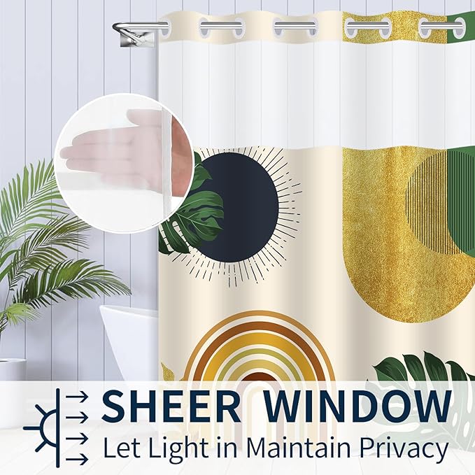 Bohemian Style No Hook Shower Curtain,Black and Green Plants Sun Geometric,Modern High end Hotel,Mid Century with High Visibility Window,White Lining is Detachable,71x74 inches