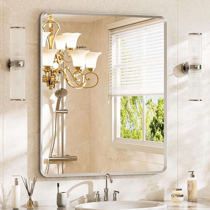 Bathroom Mirror, Rounded Rectangle Wall Vanity Mirror, Metal Framed, Tempered Glass, Shatter-Proof, Vertical or Horizontal Hanging, 30 x 36 Inches, Brushed Nickel Silver