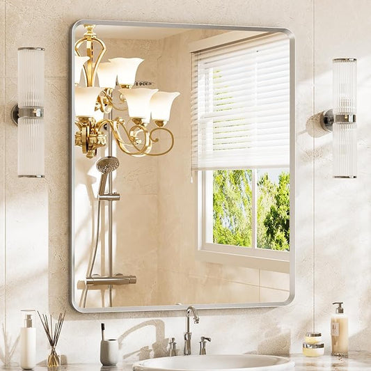 Bathroom Mirror, Rounded Rectangle Wall Vanity Mirror, Metal Framed, Tempered Glass, Shatter-Proof, Vertical or Horizontal Hanging, 30 x 36 Inches, Brushed Nickel Silver