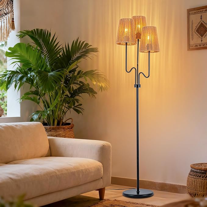 MAYNA Bohemian Floor Lamp, 68 in. Rattan Floor Lamp with Rattan Shade, 3-Light Tree-Shaped Stand Lamp for Bedroom, Nursery, E26 Socket, Living Room(Black)