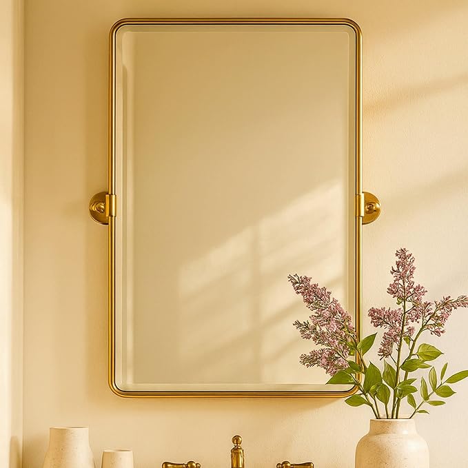 TEHOME 20x30'' Pivot Rectangle Bathroom Vanity Mirror Brushed Gold Rounded Corner Metal Framed Tilting Beveled Vanity Wall Mirrors