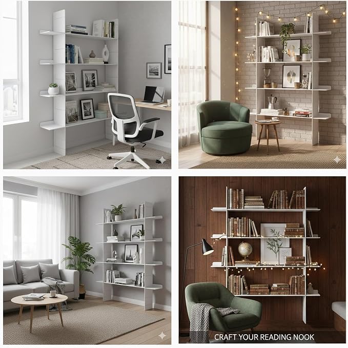 4 Tier Floating Book Shelf, Metal Wall Mounted Storage Shelves with 2 Uprights & 4 Shelves, Easy Install Display Shelf for Books, Plants, Decor & Collectibles, White
