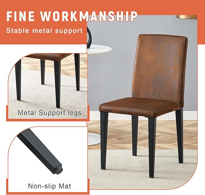 47" Round Dining Table Set for 4, Walnut Wood Grain Table and 4 Brown Suede Upholstered Chairs Set, Mid Century Modern Kitchen Table Set with Cross Legs