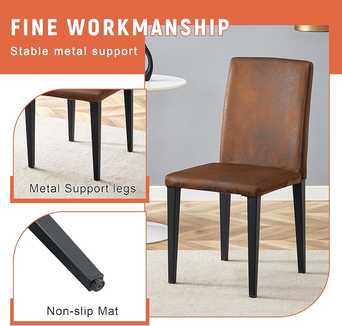 47" Round Dining Table Set for 4, Walnut Wood Grain Table and 4 Brown Suede Upholstered Chairs Set, Mid Century Modern Kitchen Table Set with Cross Legs
