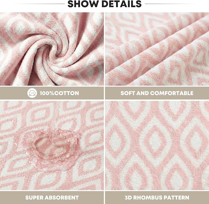 Artoid Mode 1 Pc Beige Pink Diamond Grid Jacquard Hand Towels for Bathroom, 100% Cotton Soft Absorbent Bathroom Decor Towels, 13.7 x 29.5 Inch