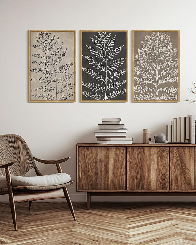 KUVIOKE Vintage Botanical Framed Wall Art Bohemian Black Tan Plant Leaf Wall Decor Nature Fern Plant Silhouette Wall Painting for Living Room Bedroom 24x36in (Natural Framed)