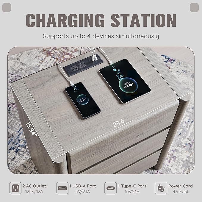 25" Tall Modern Nightstand Set of 2, 23.6" W Nightstand with Charging Station & 3 Storage Drawers & Open Shelf, Wood Night Stand w/Rounded Corner Design for Bedroom, Living Room (Light Grey)