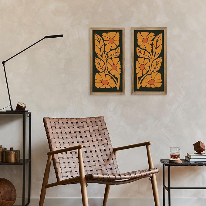pechpell 2pcs Mid Century Modern Wall Decor, 15.7x7.9in Wooden Floral Mcm Abstract Wall Art, Orange Flower Prints Pictures Rustic Bedroom Bathroom Living Room Gallery Decorations For Home