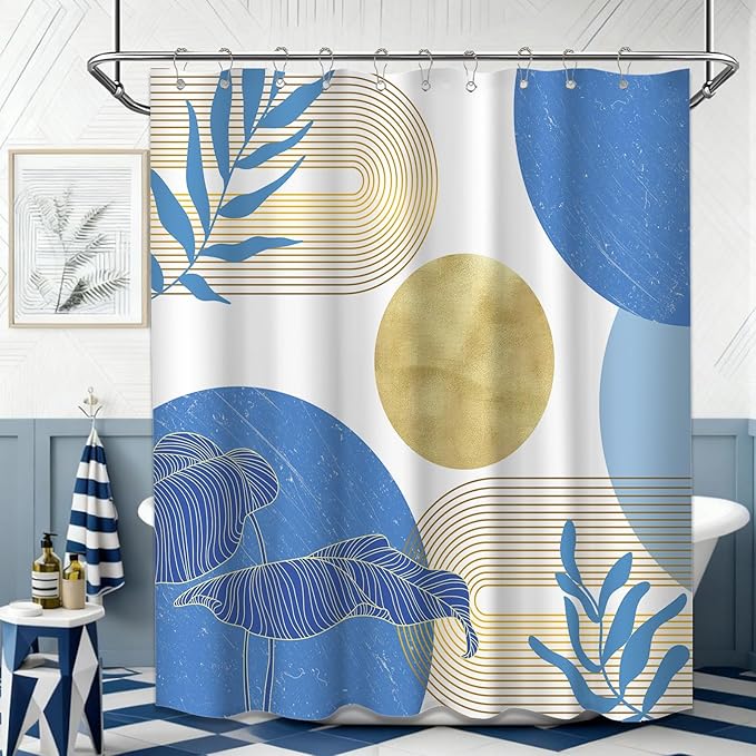 Light Blue and Gold Shower Curtain Boho Blue and White Shower Curtains for Bathroom Decor Mid Century Modern Bath Curtain Set, Waterproof Fabric with Hooks 60 x 72 Inch