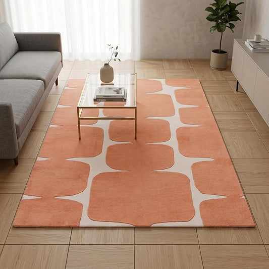 Restoration and Renovation Modern Wool Area Rug - Contemporary Abstract Geometric Design, Thick & Soft Hand-Tufted Carpet - Ideal for Indoor Decor in Living Room, Bedroom (Peach, 5' Round)
