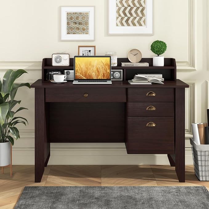 48" Vintage Computer Desk with 4 Storage Drawers & Top Hutch, Home Office Workstation with Drawer & Monitor Stand, Wooden Study Work Writing Table (Brown)