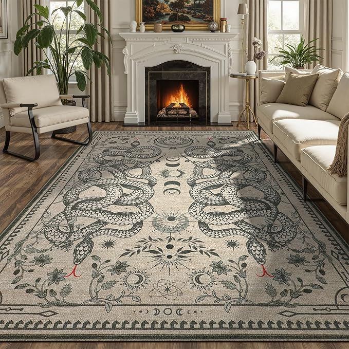 DCX Washable 6x9 Snake Rug, Beige Gothic Rug for Living Room, Soft Low Pile Carpet, Kid & Pet Friendly with Rubber Back Non Slip, Stain Resistant Rug for Bedroom Dining Room Office