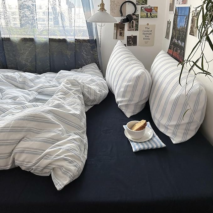 mixinni Vintage Blue & White Striped Duvet Cover Set - 3 Piece 100% Washed Cotton Twin XL Size Bedding | Minimalist Relaxed Style | Ultra Soft Breathable, with Zipper Closure & Corner Ties