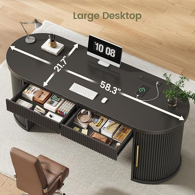 SEDETA Office Desk with 2 Drawers, 58.3" x 21.7" Fluted Long Computer Desk with 2 Sliding Doors Storage and Power Strip, Wood Executive Desk for Home Office, Living Room, Bedroom, Black