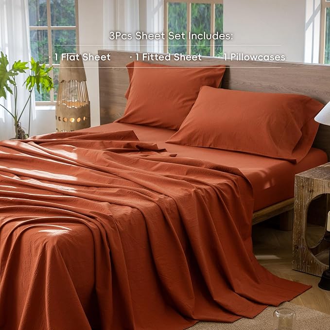MooMee Bedding Sheet Set 100% Washed Cotton Linen Like Textured Breathable Durable Soft Comfy (Solid Rust Brown, Twin XL)