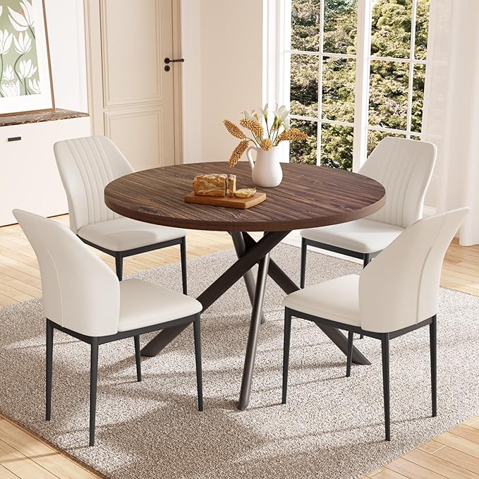 HIPIHOM 45.3'' Walnut Round Dining Table Set for 4, Mid Century Modern Small Coffee Set for Dining Room Kitchen Apartment (Dark Walnut Table + 4 White Chairs)