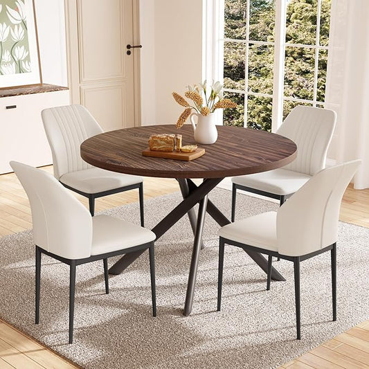 HIPIHOM 45.3'' Walnut Round Dining Table Set for 4, Mid Century Modern Small Coffee Set for Dining Room Kitchen Apartment (Dark Walnut Table + 4 White Chairs)