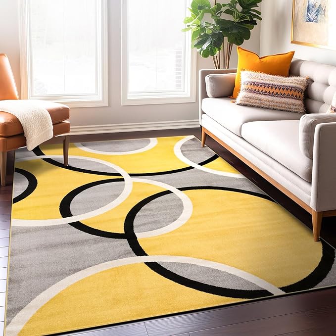 Rugshop Contemporary Abstract Circles Area Rug, Non-Shedding Carpet for Living Room, Dining Room, or Bedroom, Yellow, 6'6" x 9'