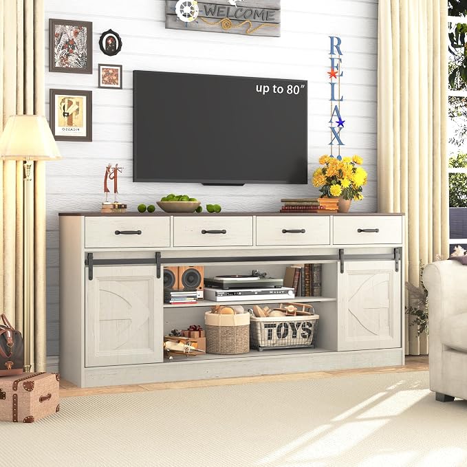 70” Large Buffet Sideboard Cabinet w/4 Drawer,Farmhouse Coffee Bar Cabinet Buffet with Storage,Sliding Door,Long Kitchen Buffet Table,Kitchen Sideboard Storage Cabinet,Credenza for Dining Room,White