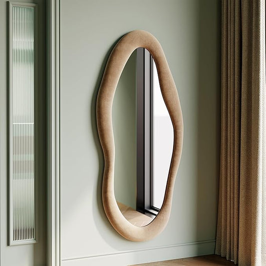 Honyee 55" x 24" Wall Mirror, Flannel Wrapped Wooden Frame Wavy Mirror, Irregular Mirror Hanging for Cloakroom/Bedroom/Living Room, Milk Tea