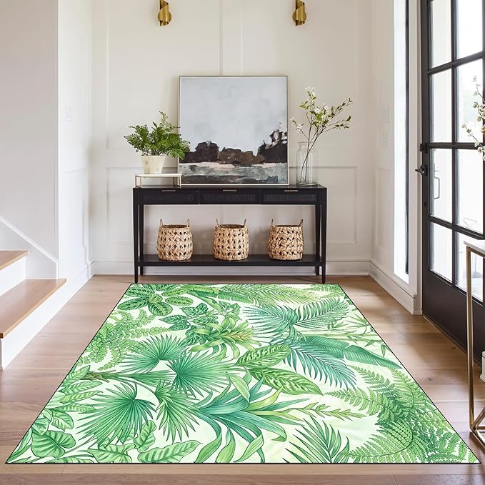Tropical Leaves Area Rug 3'x5' Green Botanical Palm Fern Leaf Rug Non Slip Washable Indoor Floor Mat for Entryway Bedroom Living Room Nursery Kitchen Playroom Home Decor