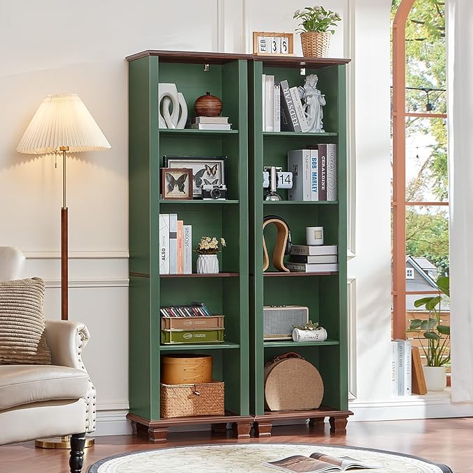 SAVOR LIFE Narrow Green Book Shelf, 70" Tall Skinny Bookshelf with Adjustable Shelves & Wooden Legs, Farmhouse Wood Bookcase w/5-Tier Open Storage, Free Standing Book Case for Office, Living Room