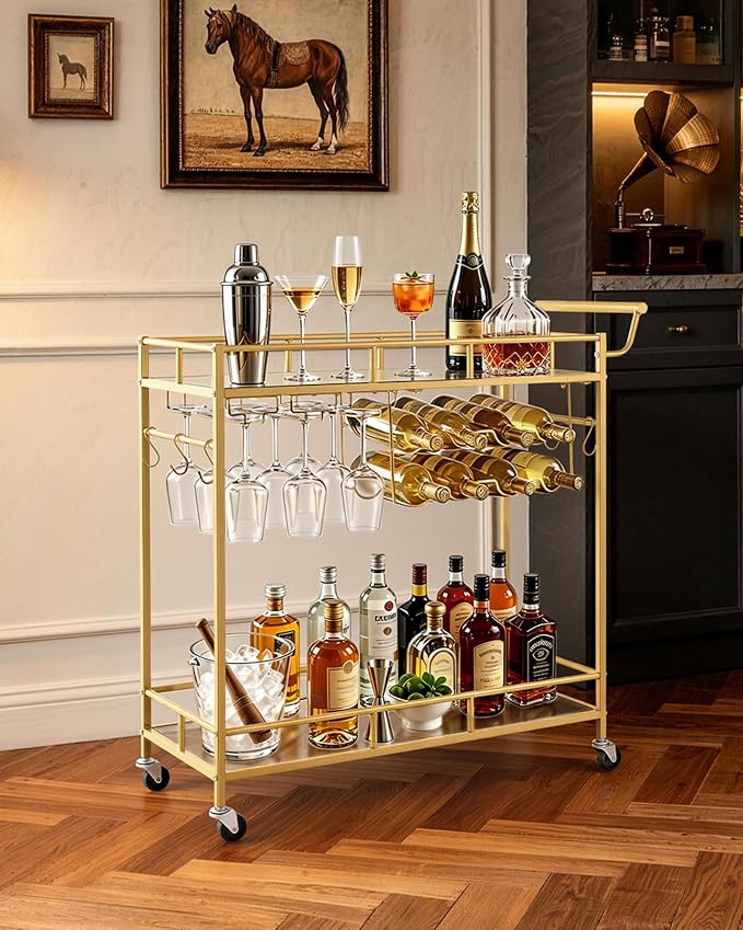VEVOR Bar Cart, 2 Tiers Home Kitchen Serving Carts, Modern Rolling Utility Station on Wheels, Drink Beverage Trolley with Mirrored Glass Shelves, Wine Rack, Glass Holder, for Living Dining Room, Gold