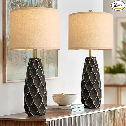 PORTRES 27.5" Ceramic Table Lamps for Bedroom Living Room Lamps Set of 2 Modern Bedside Nightstand Lamp Farmhouse Vintage Rustic Boho Retro Large Table Lamps Light Home Office Desk Deco Gifts, Black