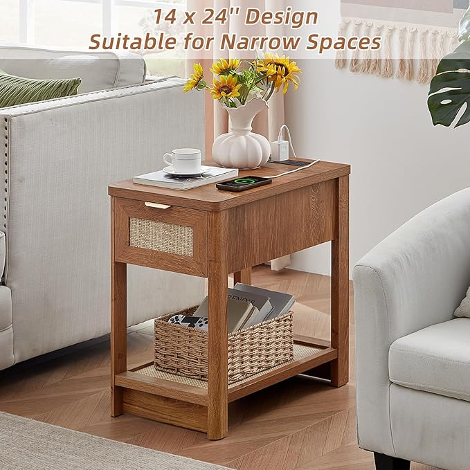 Lerliuo Narrow Night Stand with Charging Station, Boho Nightstand with Drawer, Bed Side End Table with Rattan Shelf for Small Spaces, Wood Nightstands Bedside Tables for Living Room Bedroom