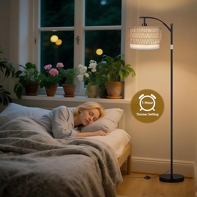ROTTOGOON Arc Floor Lamps for Living Room, Boho Farmhouse Floor Lamp with Remote & Dimmable Bulb, Standing Lamp with Rattan & Fabric Shades, Adjustable Tall Lamp for Bedroom Office-Black
