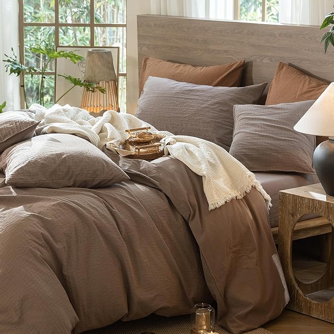 MooMee Wavy Striped Duvet Cover Set 100% Washed Cotton Linen Like Textured Breathable Durable Soft Comfy (Brown, Palatial King/Oversized King 120"x98")