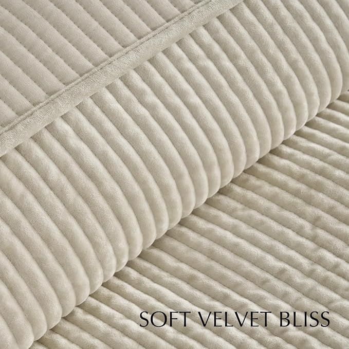 EverGrace Velvet Quilt Set California King 118'' x 106'', Luxurious Soft Bedding Sets, Lightweight Velvet Comforter for All Season, Striped Channel Oversized Bedspread Coverlet w/ 2 Shams, Light Sand