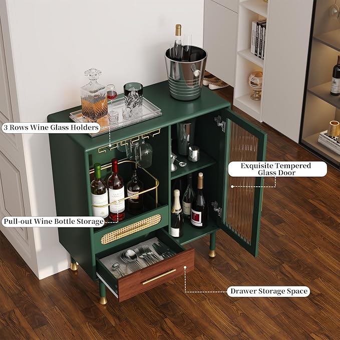 ARTPOWER Modern Coffee Bar Cabinet with Wine Glass Rack and Drawers, Green Liquor Cabinet with Pull-Out Wine Storage for Kitchen, Dining Room, Living Room | Wine Glass Rack, Drawers