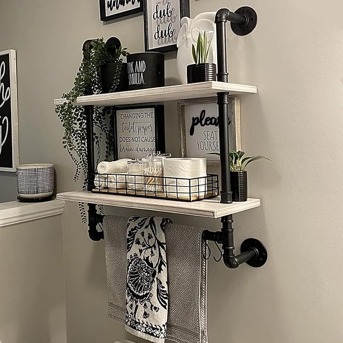 ROGMARS White Floating Shelves for Wall Bathroom 24 Inch,Industrial Pipe Shelving Wall Mounted Shelves with Towel Bar Hooks Coffee Bar Shelves Wine Hanging Display Rack Bookshelf Living Room Decor