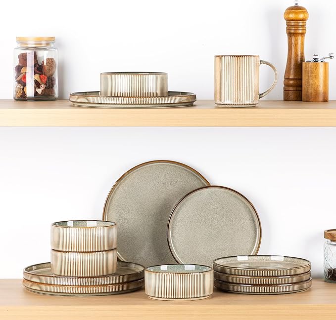 GBHOME 18-Piece Stoneware Dinnerware Set for 6 – Ribbed Ceramic Plates and Bowls, Scratch-Resistant, Microwave & Dishwasher Safe, Reactive Glaze, Mist Green
