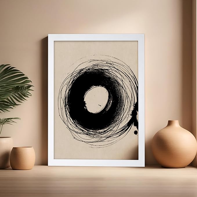 Poster Master Handmade Circle Drawing Poster - Ink Brush Print - Drawing Art - Sketch Design - Abstract Illustration - Great Bedroom or Living Room Wall Decor - 16x20 White Framed