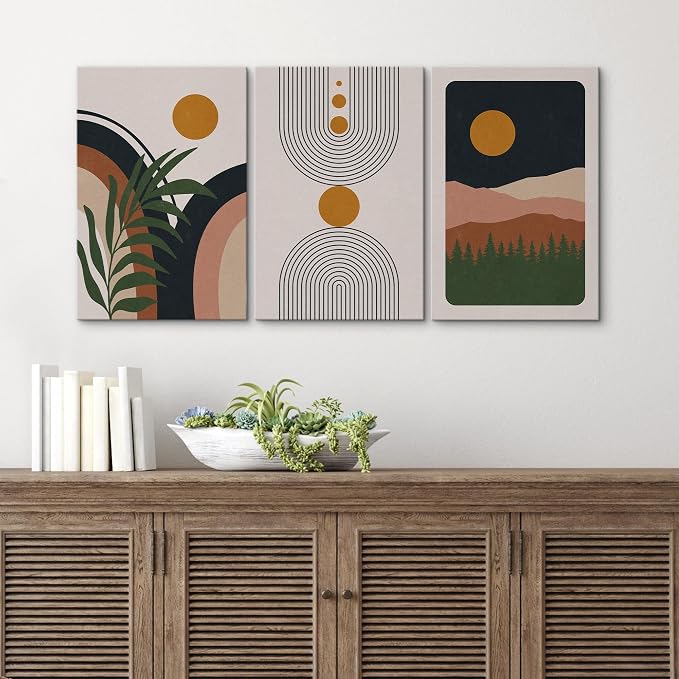 wall26 Canvas Print Wall Art Set Boho Geometric Mid-Century Plant Planet Landscape Nature Abstract Illustrations Modern Bohemian Decorative for Living Room, Bedroom, Office - 16"x24" x 3