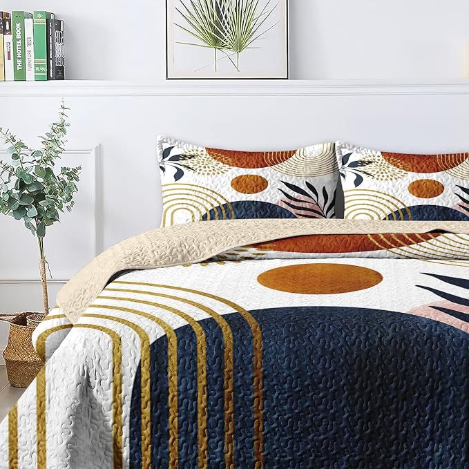 Pamnest Quilt Set Full/Queen Size, Gold Yellow Mid Century 3 Pcs Soft Bed Cover Bedding Set for Kids and Adults, Sun Boho Geometric Leaf Lightweight Bedspread Coverlet with Pillow Sham for All Season