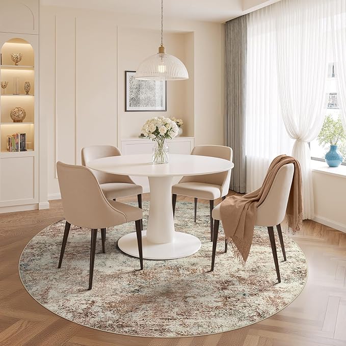WITSHOCK 8ft Round Area Rug for Living Room: 8x8 Washable Neutral Modern Abstract Soft Thin Rug Indoor Floor No Slip Rug Carpet for Bedroom Under Dining Table Home Office Decor (Rust Color)