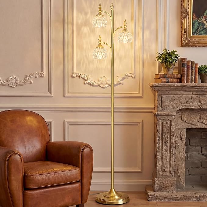 JUNNAI Gold Floor Lamp for Living Room 66.5in Brass Tall Standing Lamp with 3 Way Brightness Lights Glass Shades Modern Mid Century Gothic Corner Lamp for Bedroom Office