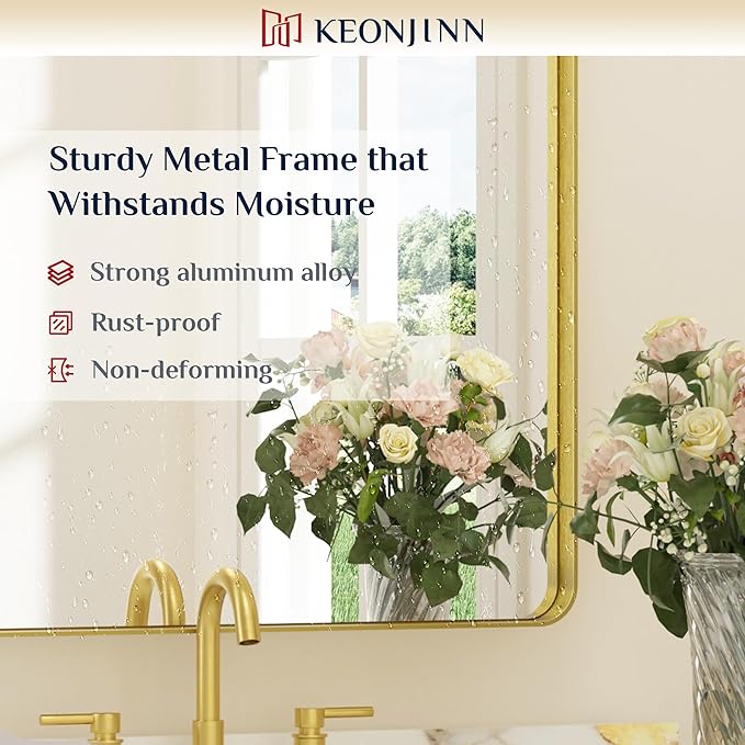 Keonjinn Gold Mirrors for Wall, 60” x 36” Large Brushed Brass Bathroom Mirrors for Over Sink, Rounded Rectangle Farmhouse Vanity Mirror, HD Tempered Glass Modern Decorative Mirror(Horizontal/Vertical)