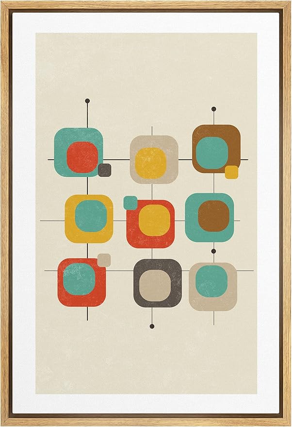 Woodrose Framed Canvas Print Wall Art Geometric 1960s Color Square Collage Abstract Shapes Illustrations Modern Minimalist Chic Multicolor for Living Room, Bedroom, Office - 24"x36" Natural