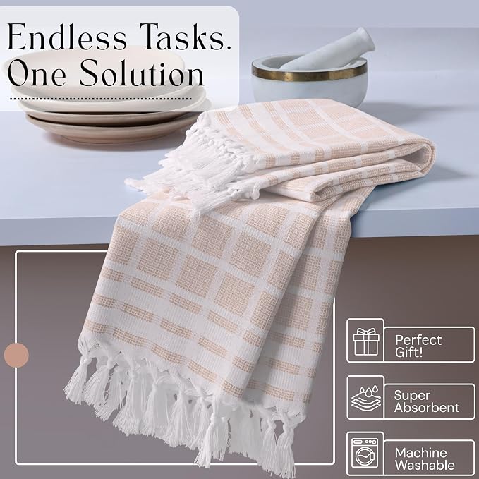 Matrix Dobby Kitchen Towels 12 Pack 100% Cotton, 16"x26", Handmade Knotted Tassel Dish Towels, Reusable & Washable Cloths for Drying, Absorbent Tea Towel for Cleaning - Beige, White