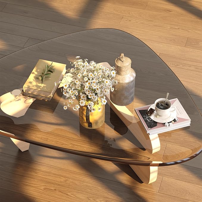 Coffee Table for Living Room Mid Century Modern Center Small Table with Glass Top and Wood, Original Transparent