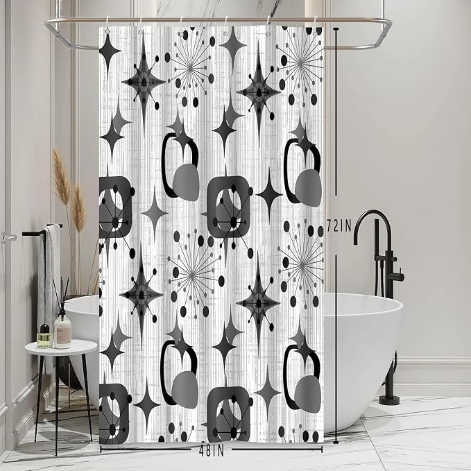 Mid Century Shower Curtain, 48x72inch, Modern Abstract Retro Grey Striped Geometric Shower Curtain Sets 1950s Boho Bathroom Shower Curtain with 8 Hooks